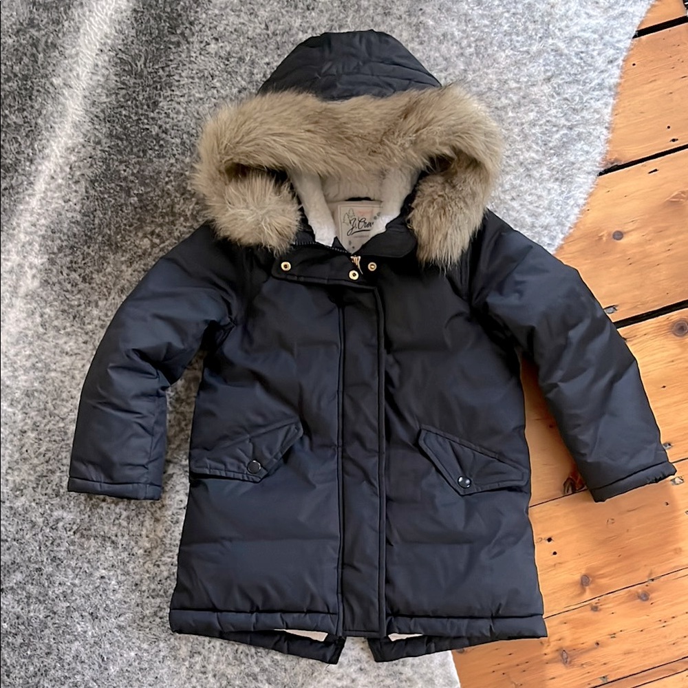 J. Crew Kids Black Parka with Faux Fur Trim